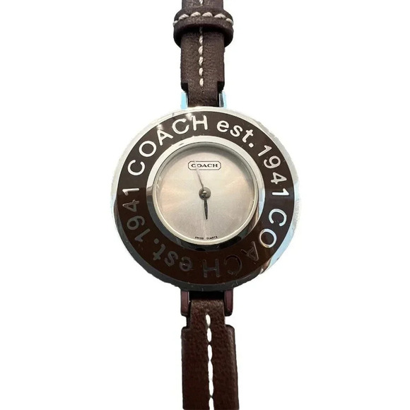 Coach Women’s Watch Round Face Leather Band Brown White NWT - Picture 1 of 6
